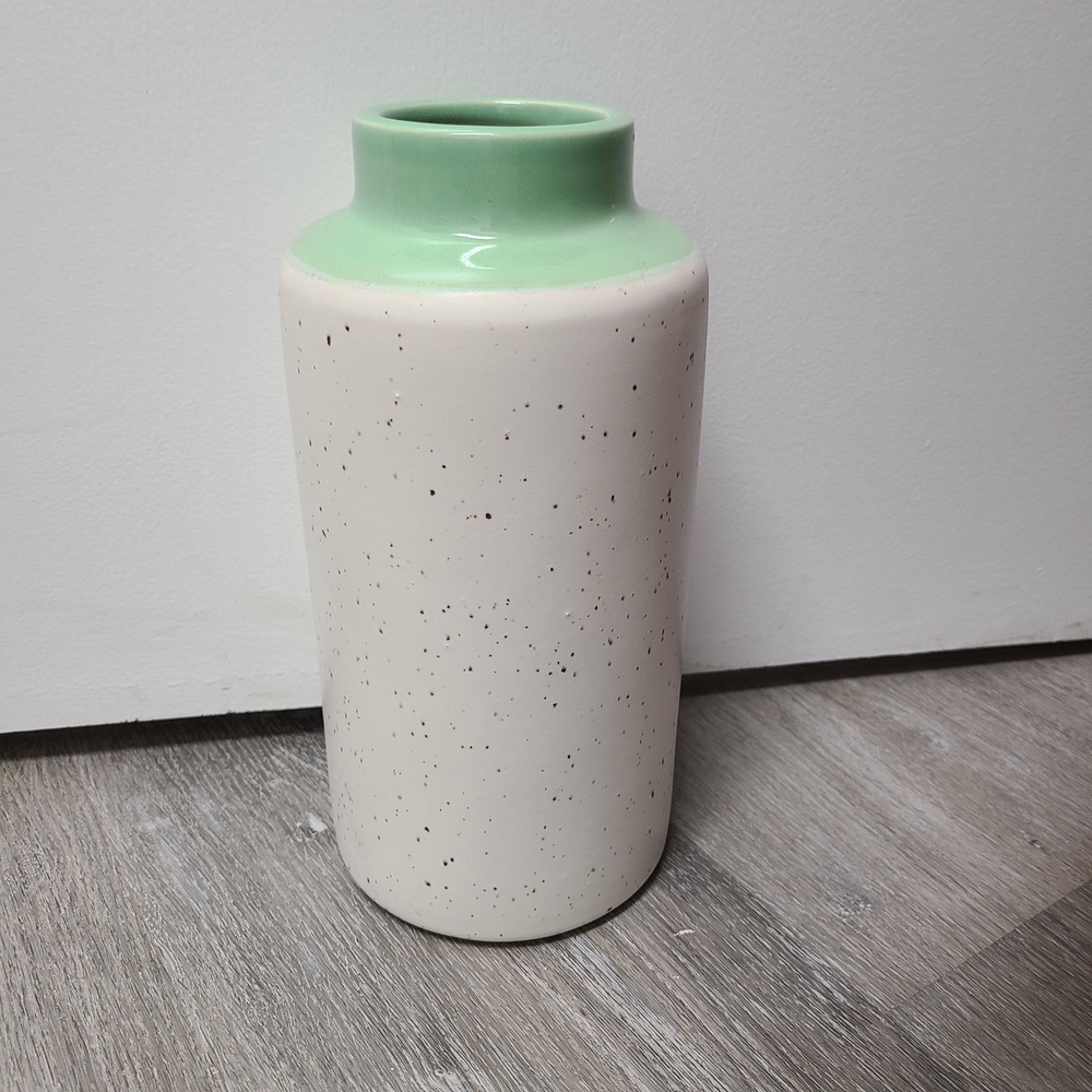 Pier 1 Speckled Stoneware Ceramic Vase with Mint Green Dipped Rim